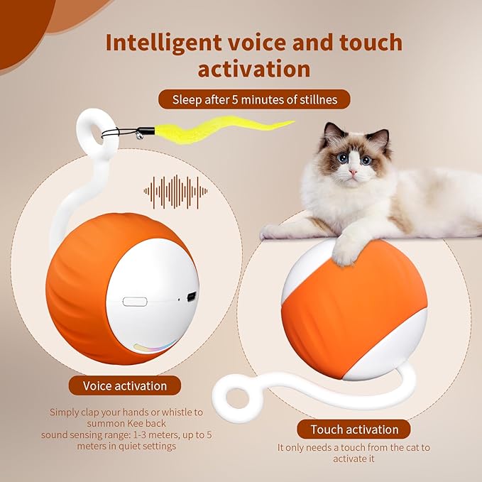 Cat Balls Interactive Cat Toys for Indoor Cats 6-in-1 Rollie Pet Smart Cat Toy Ball Speedy Tail Cat Toy Mouse LED Rainbow Lights Feathers USB Charging, Touch Control and Sound Control (Orange)