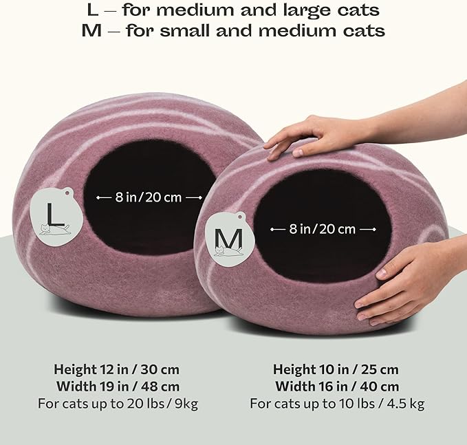 MEOWFIA Cat Cave – Premium Felt Cat Bed for Indoor Cats, Handmade 100% Merino Wool (Light Shades) (Medium, Pink)