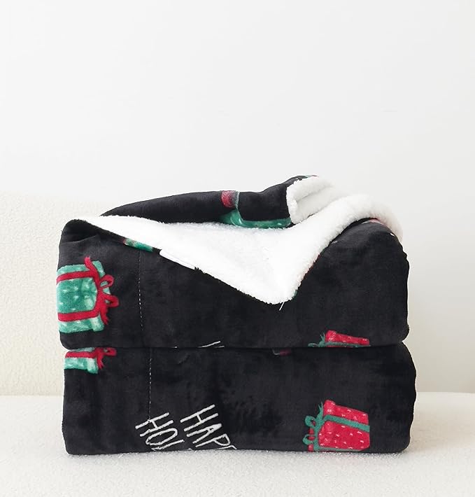 Elegant Comfort Reversible and Ultra-Plush Flannel Fleece-Winter Christmas Sherpa Throw- Lightweight Soft and Cozy-Holiday Decorative Throw, Perfect for Lounging, 50 x 60 inches, Feliz Navidad