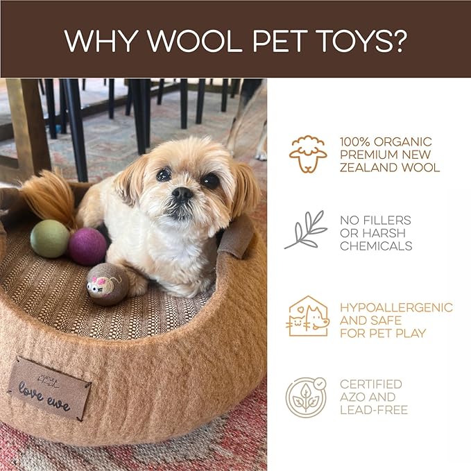 Hustle & Blush Wool Felt Balls 3 Pack Love Ewe Pet Supplies - 2in Felted Wool Cat Toys 100% New Zealand Wool Felt Cat Toys Handmade Wool Felt Balls, Colorful Wool Balls for Cats - Flower and Bee