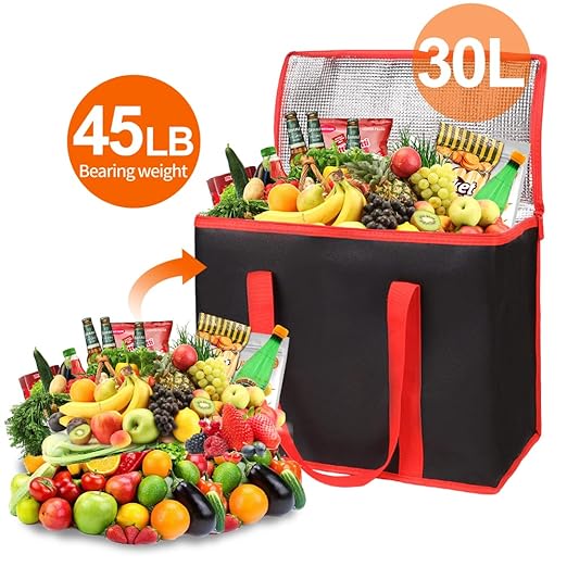 Bodaon 1-Pack Insulated Reusable Grocery Shopping Bags, X-Large Picnic Cooler Bag with Zipper Zippered Top Cold, Insulated Food/Pizza Delivery Bag (Black-Red Edge)