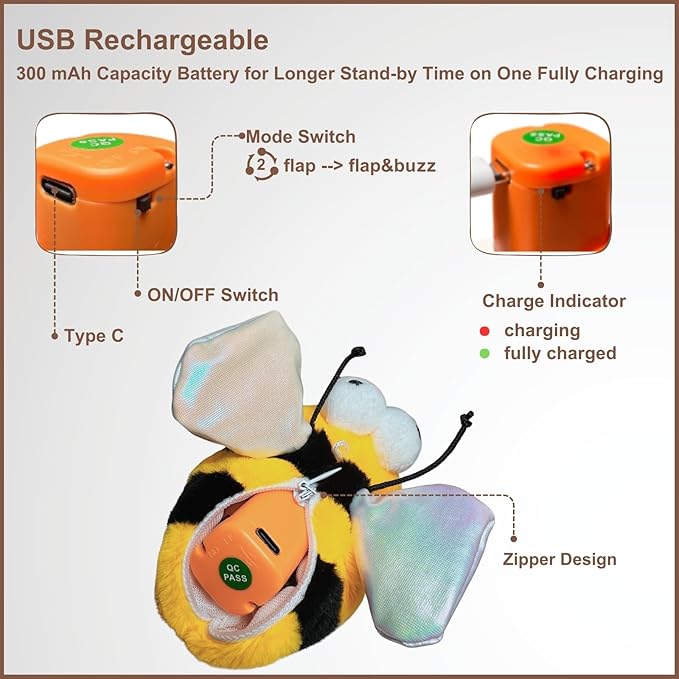 Interactive Flapping Bird Cat Toys, Rechargeable, Touch Activated, Catnip, Chirping Bird Toys for Indoor Cats and Kittens (Bee)