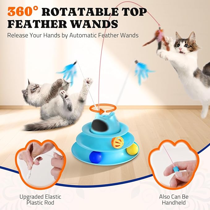 Interactive Cat Toy: 5 in 1 Automatic Cat Toy for Indoor Cats, USB Rechargeable Hide and Seek Toy with PVC Cover, Rotating Feather toys, Battery Operated Kitten Laser Toy with Multi Accessories, Blue