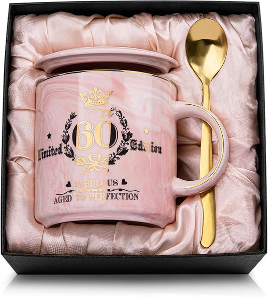 60th Birthday Gifts for Women - Fabulous 1965 Aged to Perfection Happy Birthday Mug - Limited Edition 60th Pink Coffee Mug Printed with Gold, Gift Idea for Turning 60 Years Old Women, Gift Boxed