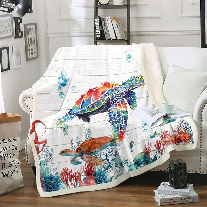 Watercolor Sea Turtle Throw Blanket for Couch, Bed - Cute Octopus, Jellyfish Fleece Blanket with Colorful Coral, Seaweed Sherpa - Baby Size, Ocean Tortoise Reptile Theme