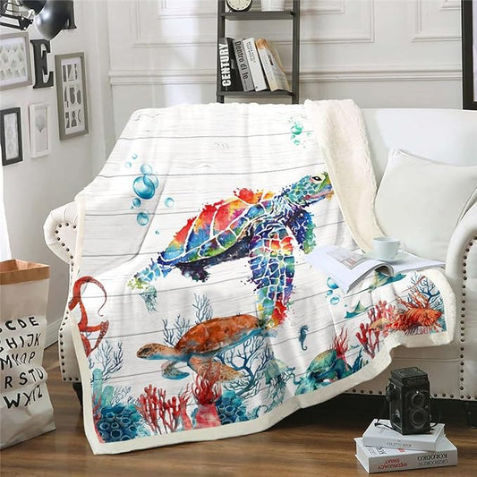 Watercolor Sea Turtle Sherpa Blanket,Cute Octopus Jellyfish Blanket Colorful Coral Seaweed Throw Blanket for Bed Chair Throw Size,Ocean Tortoise Reptile Fleece Blanket,White Striped Wooden Room Decor