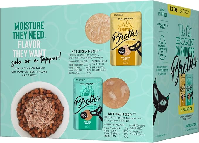 Tiki Cat Born Carnivore Broths Wet Cat Food Topper, Variety Pack 1.3 oz. Pouch (24 Count)