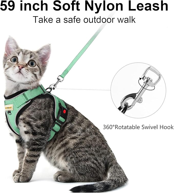 Cat Harness and Leash for Walking, Retractable Cat Harnesses and Leash Set Escape Proof, Breathable Soft Kitten Harness Small Large Cat Harness for Travel Training and Walking, Green, XS