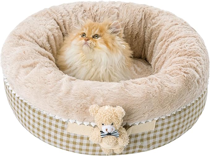 Jiupety Teddy Donut Bed for Indoor Cats, Washable & Warm Small Dog Bed, Cute Fluffy Round Kitten Bed, Suitable for Cat and Puppy, Anti-Slip Calming Princess Kitty Bed, Camel, 20"×20", Fit 12lbs