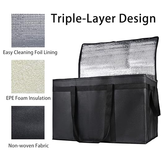 Bodaon 10-Pack Insulated Food Delivery Bag for Hot and Cold Meal, XXX-Large Cooler/Thermal Bags, Grocery Tote Insulation Bag for Catering, Pizza Warmer, Black