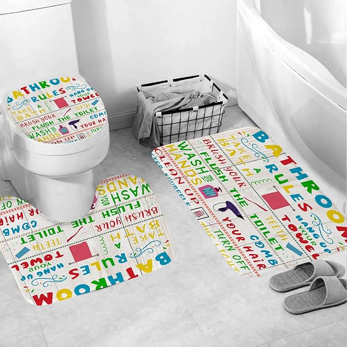 4 Pcs Kids Shower Curtain Sets with Non-Slip Rugs, Funny Teen Boy Girl with Inspirational Text, Cute Colorful Bathroom Rules Fabric Shower Curtain Restroom Bathtub Decor Accessories 72X 72in