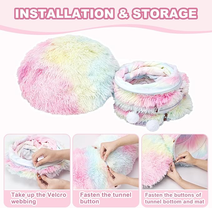 JIUPETY Cat Tunnel Bed with Soft Plush Mat, Collapsible Tube Playground, Cat Toy Tunnel for Indoor Cats, Kitten, Rabbit, Ferret, Fluffy Plush Material, Includes Dangling Balls, Rainbow