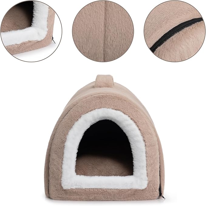Hollypet Fluffy Cat Bed, 2 in 1 Foldable Cave House Animal Shaped Nest Pet Sleeping Bed, Light Brown