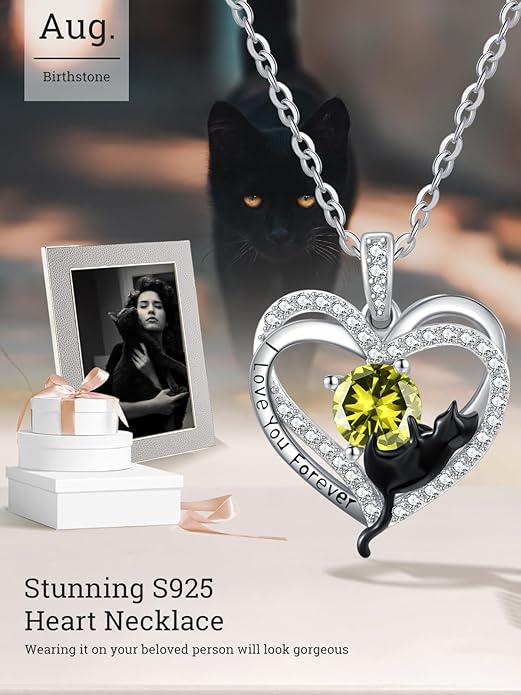Birthstone Cat Necklaces,925 Sterling Silver Cat Necklace Heart Pendant for Women,Dainty Animal Jewelry for Her,Wedding Anniversary Birthday Gifts for Women Mom Grandma