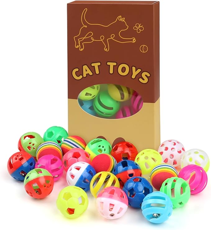 24pcs Value Pack Plastic Ball Cat Toys Lattice Balls with Bell Jingle Kitten Toy Rainbow Ball, Gift Box Styles