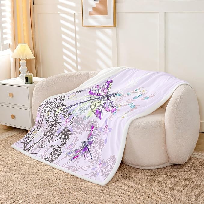 Feelyou Dragonfly Sherpa Blanket Baby 30x40 Inches Botanical Floral Fleece Throw Blanket for Kids Girls Teens Women Bedroom Decor Nature Animals Branches for Sofa Bed Couch Purple