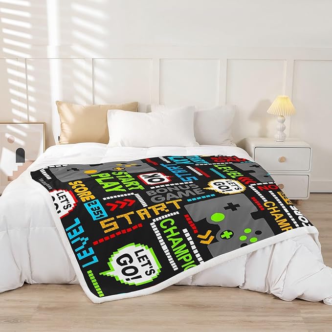 Feelyou Gamer Throw Blanket Kids Boys Gaming Video Game Blanket for Bed Couch Sofa Games Gamepad Warm Fleece Sherpa Blanket All Season Ultra Soft Game Home Decor Fuzyy BlanketTwin 60"x80"