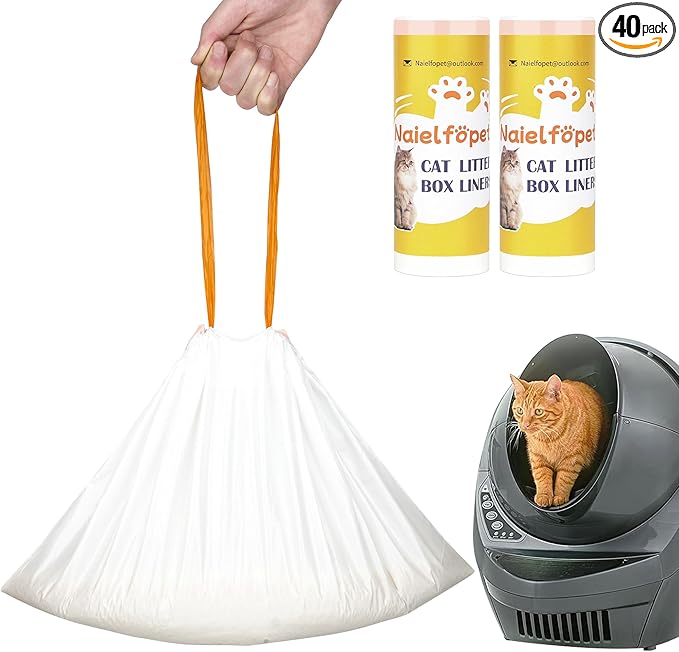 40 Count 26" x 16" Cat Litter Box Liners and Replaced Trash Bags Compatible with Litter Box Robot 4 and 3, Thick Heavy Duty Drawstring Replacement Waste Drawer Liners Bags 10-12 Gallons of Capacity