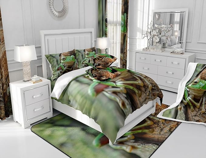 Green Frog Fleece Throw Blanket Tree Frog Plush Blanket for Sofa Couch Bed Wild Animal Theme Pattern Sherpa Blanket Wildlife Style Decor Fuzzy Blanket Room Decor King 87x95 Inch