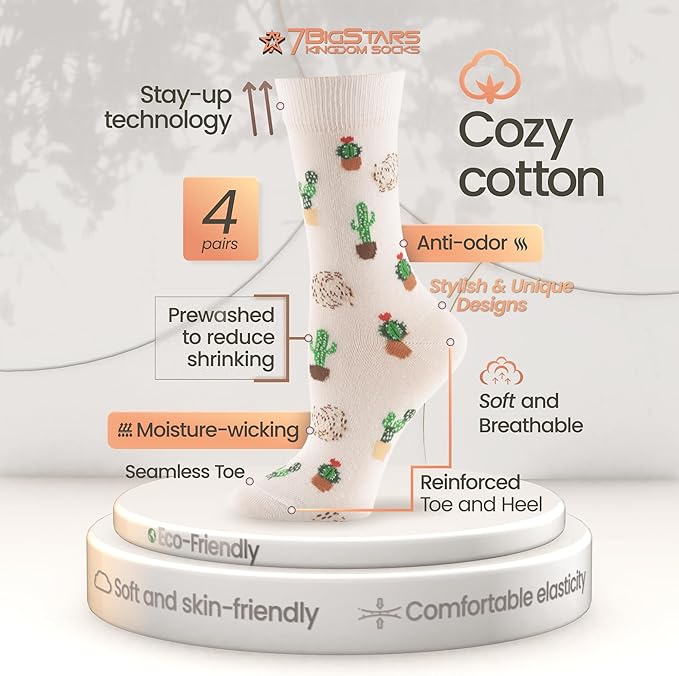 7BIGSTARS KINGDOM Womens Fun Cotton Crew Socks - 4 Pack L/M - Cactus Space Desert Coffee Fox Dog Hedgehog Puppy Flower Bird