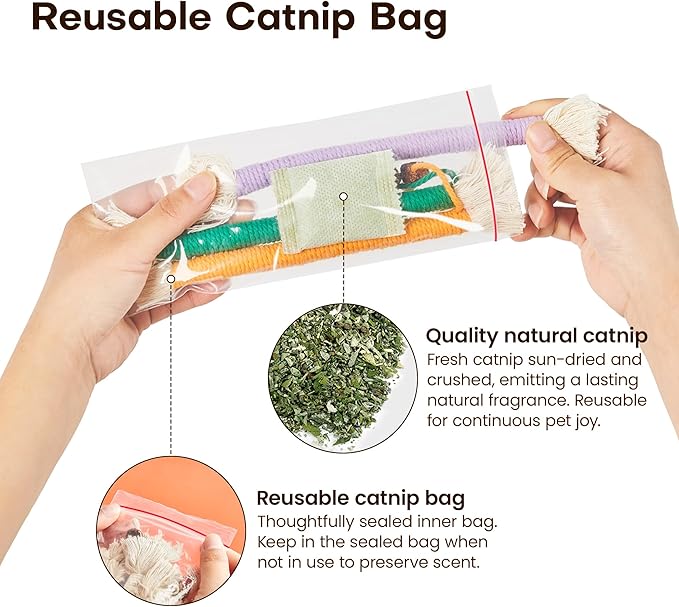 Potaroma 3Pcs Cat Toys Chew Ropes with Refillable Organic Catnip, Safe Teeth Cleaning Toy for Indoor Kittens, Interactive Cat Nip Kitty Toys for All Breeds 7.8 Inches