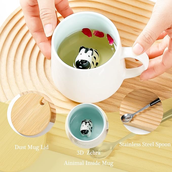 BigNoseDeer Zebra Mug Cute Mugs with 3D Zebra Inside Ceramic Coffee Mug Tea Cup with Spoon and Lid Cool Stuff Birthday Mother's Day Cute Gifts for Women Kids 12oz（Zebra）
