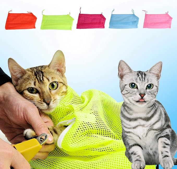 Cat Bathing Bag, Pet Cat Care Mesh Grooming Bathing Restraint BagMulti-Functional Adjustable Cat Shower Accessories for Nail Trim Examining Ear Clean Injecting