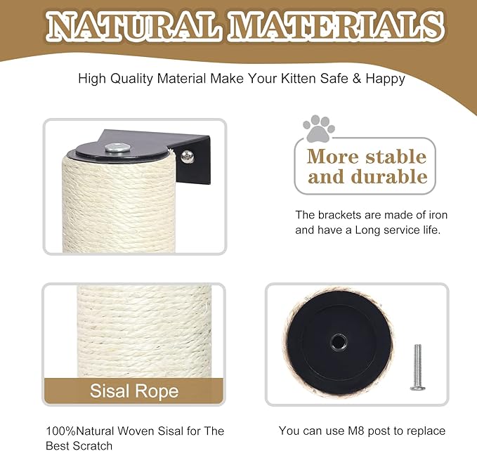 Cat Scratching Post Wall Mounted -16'' Natural Sisal Rope Cat Wall Furniture Scratching Post for Cat Grinding Claws Scratching and Climbing