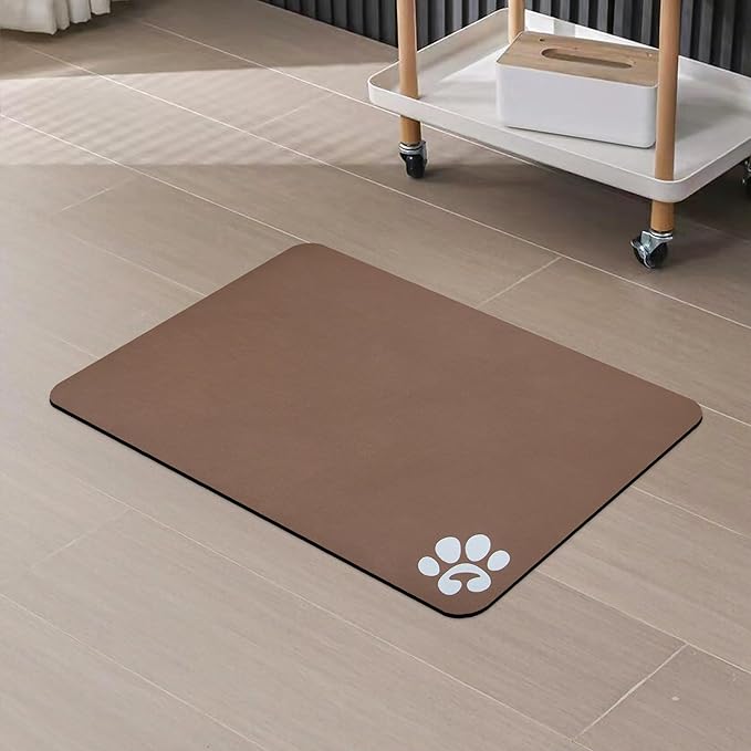 YCT Pet Feeding Mats - Non-Slip, Super Absorbent, 18.1 x 11.8 inches, Brown with Footprints Logo