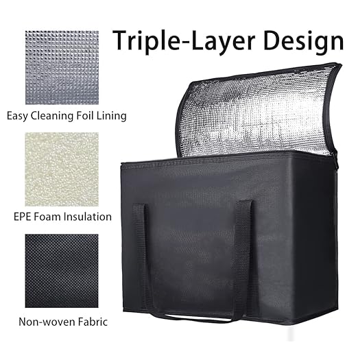 Bodaon 3-Pack Insulated Reusable Grocery Shopping Bag, X-Large Frozen Food Cold, Cooler Bags with Zippered Top, Insulated Food/Pizza Delivery Bag, Black