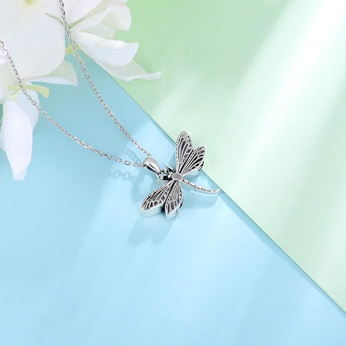 925 Sterling Silver Cremation Jewelry Dragonfly Butterfly Urn Necklace Hold Two Dual Ash Necklace for Loved Ones Cremains Keepsake Memorial Gift for Women