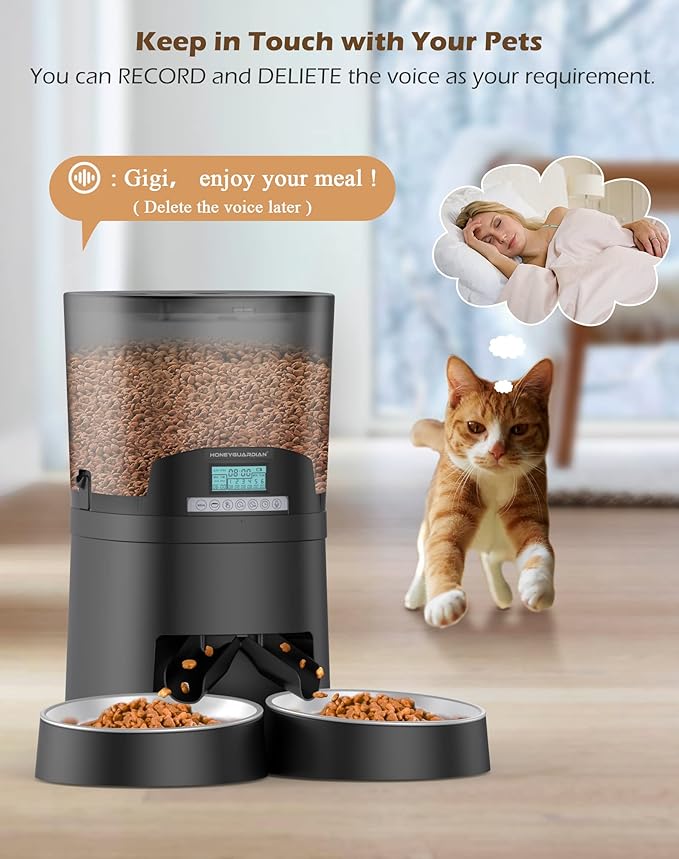 HoneyGuaridan 6.5L Automatic Cat Feeder for 2 Cats,Wi-Fi Smart Pet Feeder,Timer Cat Food Dispenser for Cats & Dogs, APP Control,Desiccant, Voice Recorder Black