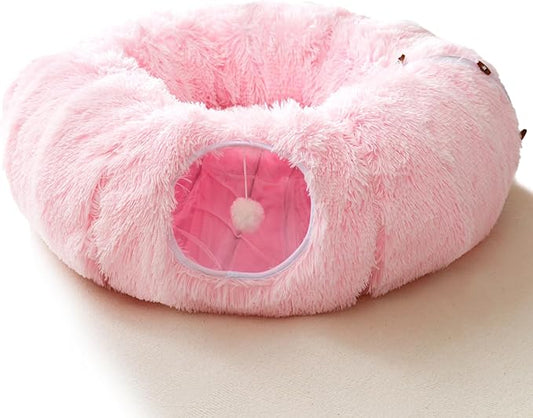 HIPIPET Winter Plush Cat Tunnel with Cat Bed for Indoor Cats,Multifunctional Cat Toys for Small Medium Large Cat.(Pink)