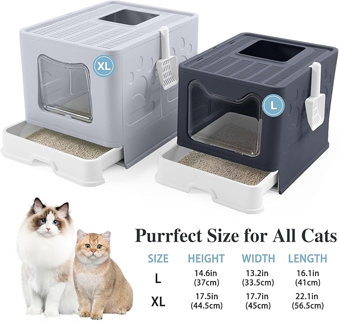 Bolux Foldable Cat Litter Box with Lid, Extra Large, Drawer Type Cat Litter Pan Easy to Scoop & Low Tracking (Dark Grey, 20" L x 16" W x 15" H)