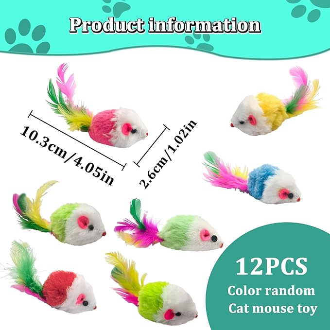 Andiker 12Pcs Cat Mouse Toy for Indoor Cats, 3.93'' Colorful Cat Mice Toy in Random Colors with Feather Realistic Mice Toys for Cat Cute Cat Plush Mouse Toy for Cat to Catch Play (Mix Color)