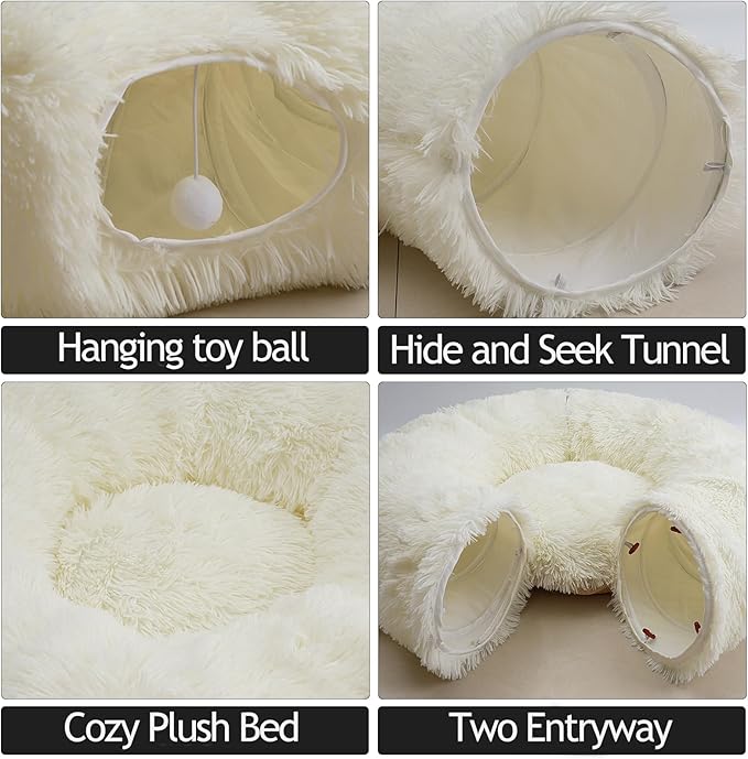 White Fluffy Warm Plush Cat Tunnel Bed, Soft Collapsible Multi-Combinations Cat Tube Playgound Toys, Cat Donut Tunnel for Indoor Cat Kitty Kitten Puppy Rabbit Ferret