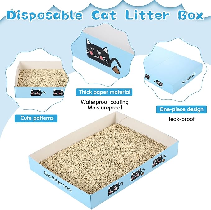 30 Pack Disposable Cat Litter Box Foldable Paper Kitty Tray 13.8x10x2 in Small Lightweight Cardboard Box Water Proof for Indoor Low Entry Easy Disposal Non Clumping Nice Absorption Portable (Blue)