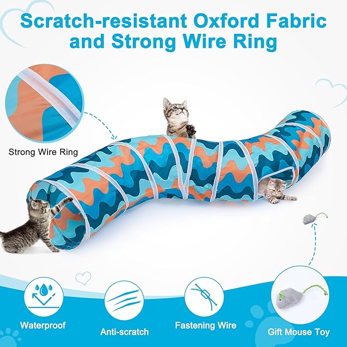 Glittme Cat Tunnel, S-Shape Peekaboo, Foldable Cat Cave with Toys, Tubes & Tunnels for Cats, Rabbits, Guinea Pigs, Dogs, Multiple Colors