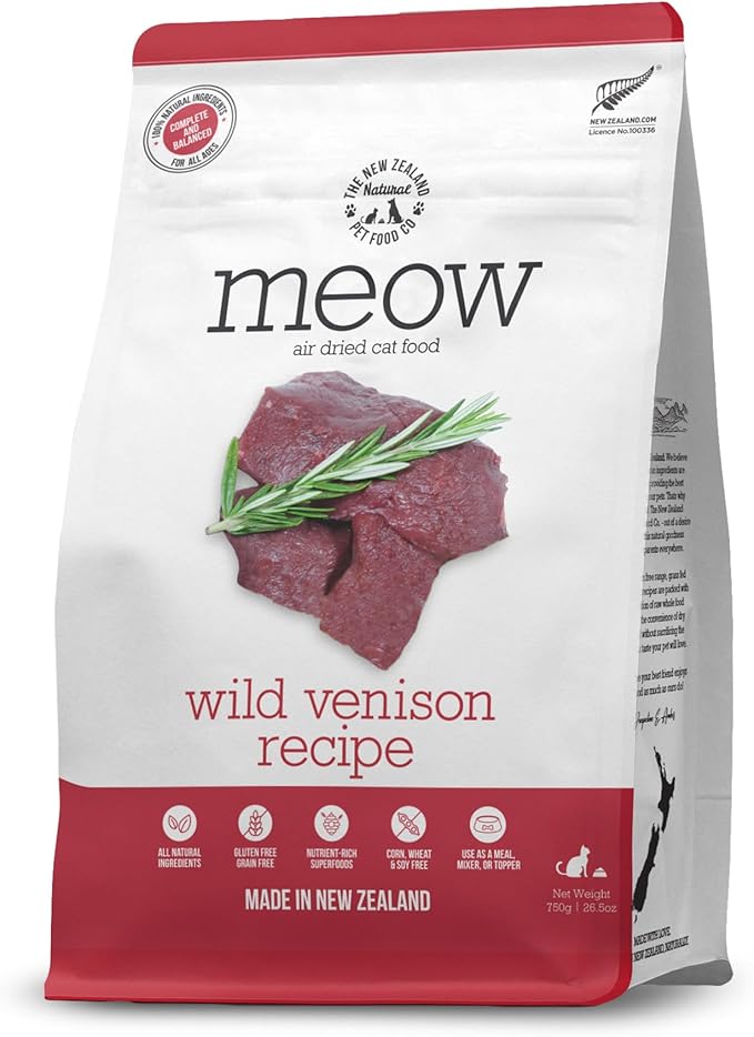 Meow Air Dried Cat Food - Venison Recipe, High Protein Dry Cat Food Use as a Complete Diet, Topper, Mixer, or as Cat Training Treats, All Life Stages, 26.5 oz