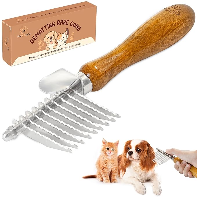 TAKAVU Dematting Fur Rake Comb Brush for Dogs and Cats, Safety Steel Blades Detangling Pet Brush, Undercoat Grooming Brush Cutting and Removing Dead Matted Knotted Hair for Doodles Poodles Terrier