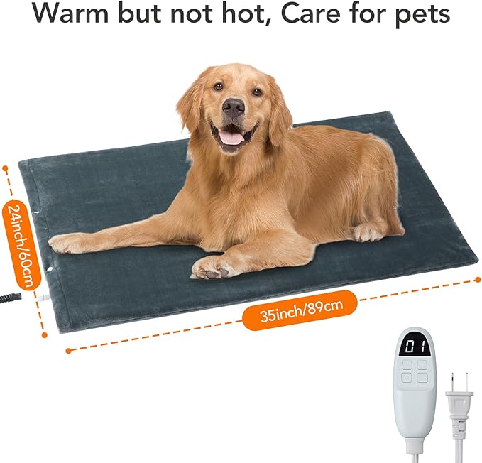 CAROMIO Pet Heating Pad, 6 Adjustable Temperature Dog Cat Heated Bed Pad with Timer, Auto Power Off Indoor Warming Electric Pet Pads with Chew Resistant Cord, Large Size 35 X 24 INCH