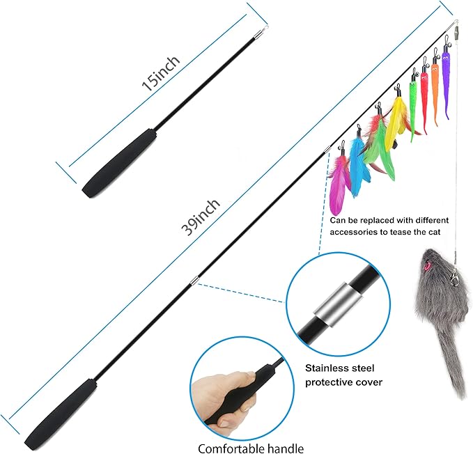 Interactive Cat Toys Set Teaser Feather Wand, Hanging Door Toy & Multiple Attachments - Telescopic Cat Fishing Pole Toy for Kitten