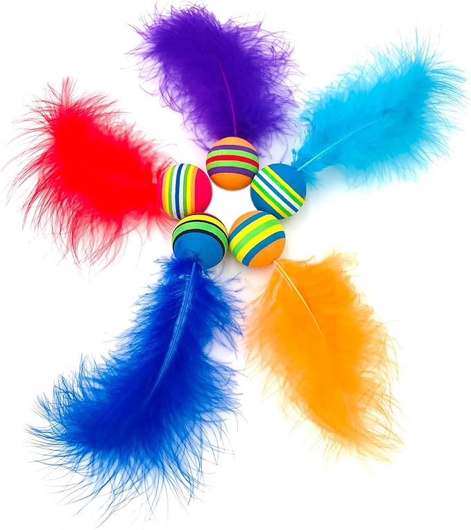 PET SHOW Pack of 5pcs 1.4” Cat Toys Balls Soft EVA Foam with Feathers Colorful Rainbow Toy Balls Interactive Kitten Cats Small Dogs Puppies Doggies Quiet Indoor Outdoor Play Activity Chase Training