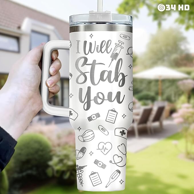 34HD Nurses Day Gifts, Engraved Nurse Tumbler with Handle and Straw 40oz, I Will Stab You Nurse Travel Cup, Funny Gifts for Healthcare Staff Coworkers Student