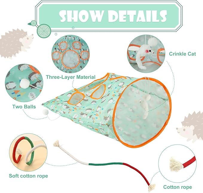 Cat Tunnel Toy and Cats Catnip Rope Toys, Portable Collapsible Cattycoil Drill Bag Toy for Indoor Cats, Cotton Rope Cat Toys for Indoor Cats, Handmade Pet Chew Toys for Teeth Cleaning