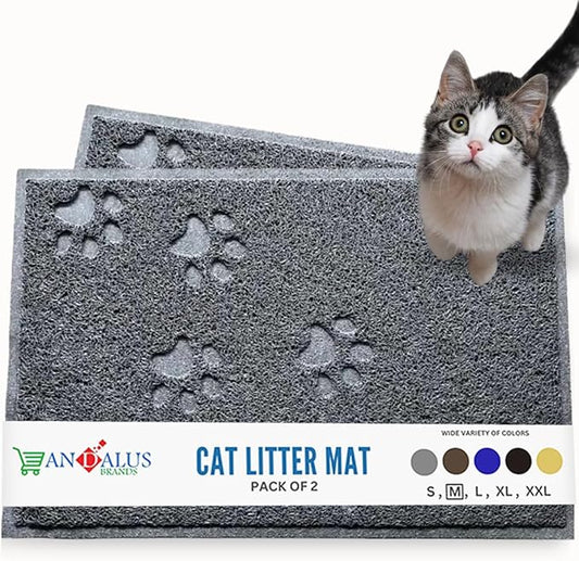 Andalus Medium Cat Litter Mat, Pack of 2 - Waterproof, Non-Slip & Easy to Clean Cat Litter Box Mat for Extra Efficient Pet Litter-Trapping, Grey (23.5” X 15.75”)