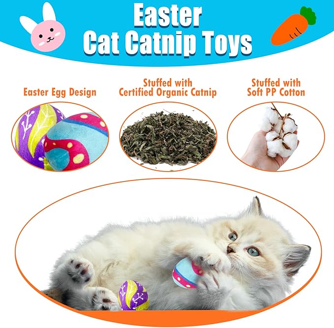 4 Pack Easter Cat Toys, Bunny Cat Wand Toy with Bell, Easter Egg Catnip Toys with Crinkle, Easter Gifts for Indoor Cats & Kitten & Kitty