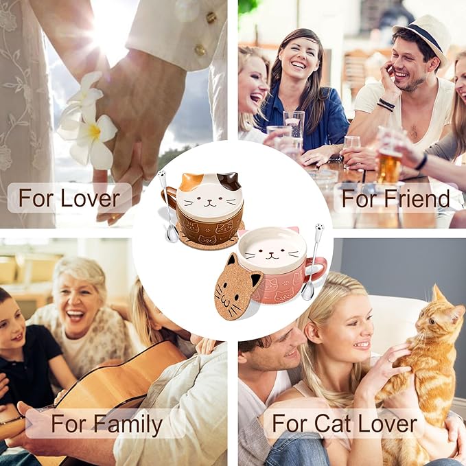 BigNoseDeer 2PCS Kawaii Cat Mug - Pink and Brown Ceramic Coffee Tea Cup with Lid, Saucer - Cool Preppy Gift for Cat Lovers, Christmas 10oz