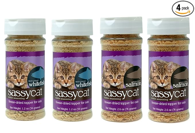 Herbsmith Sassy Cat Kibble Seasoning – Freeze Dried Whitefish – Cat Food Topper for Picky Eaters [Bundle of 4, x2 Whitefish & x2 Salmon]