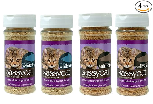 Herbsmith Sassy Cat Kibble Seasoning – Freeze Dried Whitefish – Cat Food Topper for Picky Eaters [Bundle of 4, x2 Whitefish & x2 Salmon]
